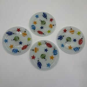 Block Crystal 9 Inch Fused Glass Tree Ornament Art Salad Plates Set of 4 Vintage